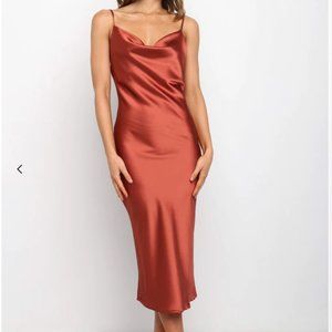 Petal & Pup Persia Dress in Rust, Midi length satin dress
